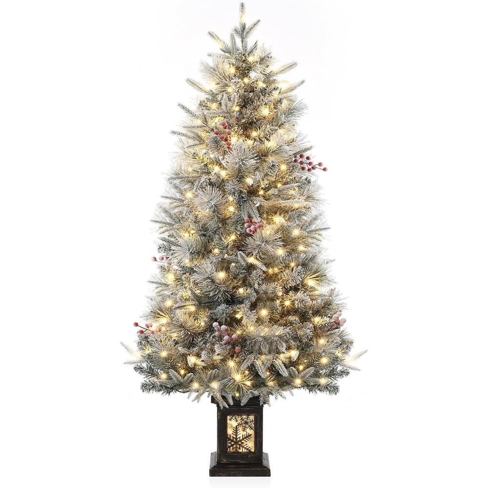 image:image45 ft Prelit Artificial Christmas Trees with 200 Warm Lights amp 20 Clusters Red Berry Artificial Potted Xmas Tree with 8 Lighting Modes Snowman Base Holiday Decor Set of 1Greenwhite