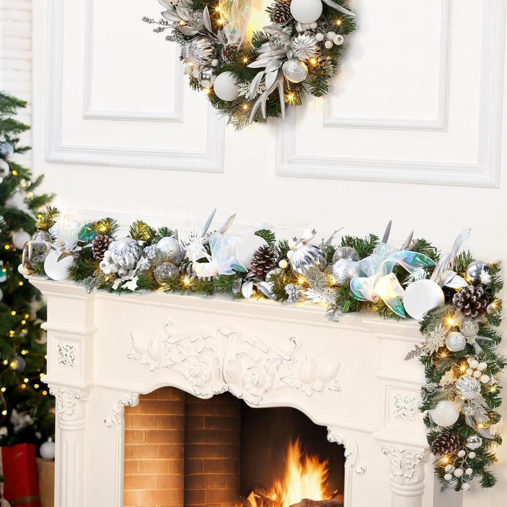 image:image6 ft Pre Lit Christmas Garland for Mantle Xmas Holiday Garlands with 20 Warm White LED Lights Silver Bows amp Pine Cones Indoor Outdoor Christmas Decoration for FireplaceSilver  White