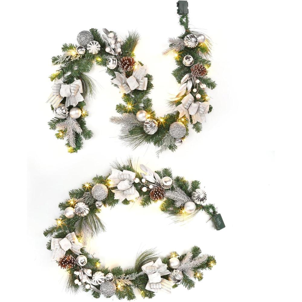 image:image6 ft Pre Lit Christmas Garland for Mantle Xmas Holiday Garlands with 20 Warm White LED Lights Silver Bows amp Pine Cones Indoor Outdoor Christmas Decoration for FireplaceSilver