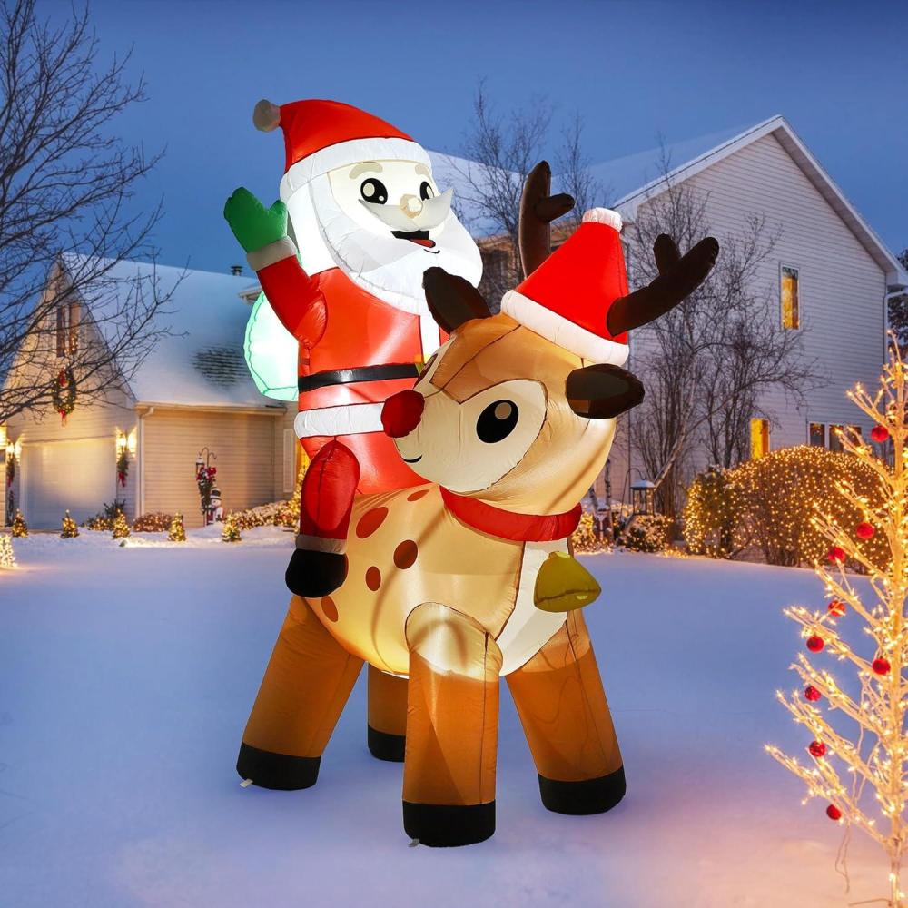 image:image7FT Christmas Decorations Outdoor  Inflatable Santa Claus with Reindeer amp 5 LED Lights Weatherproof Blow Up Yard Decor for Holiday Party Home GardenSanta Claus with Reindeer