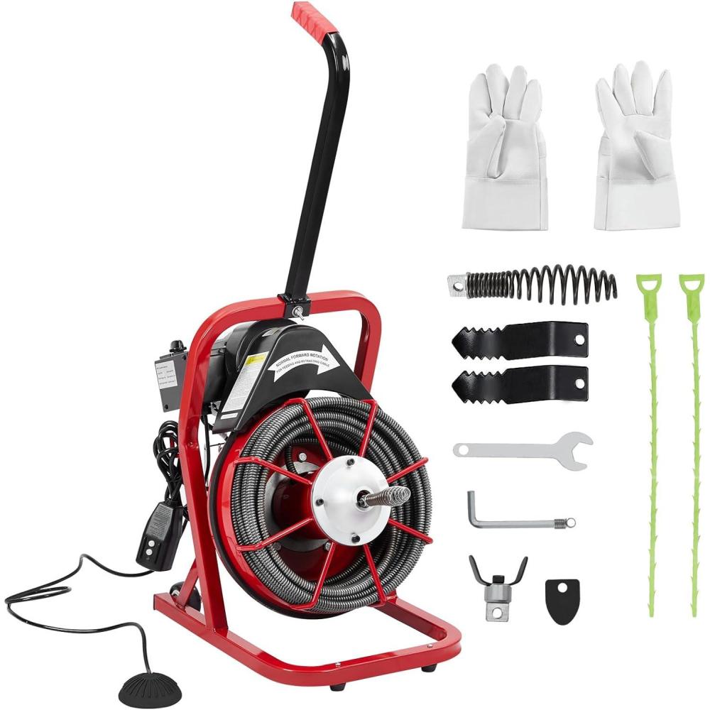 image:imageDrain Cleaner Machine 50 Ft X 12 in Professional Electric Drain Auger for 1 to 4 in Pipes Portable Electric Drain Snake with 4 Cutters amp Foot Switch and Pair of GlovesRED 4