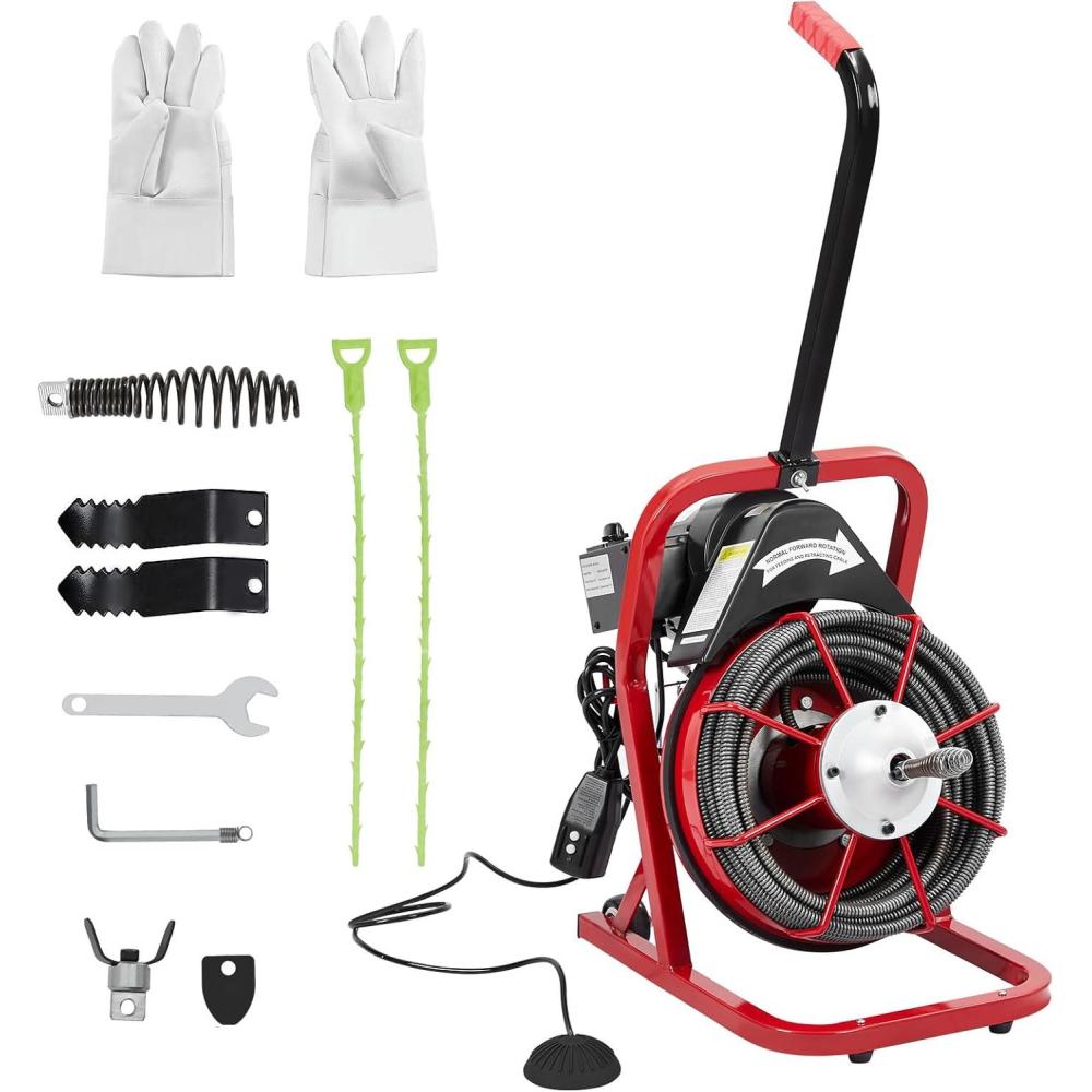image:imageDrain Cleaner Machine 50 Ft X 12 in Professional Electric Drain Auger for 1 to 4 in Pipes Portable Electric Drain Snake with 4 Cutters amp Foot Switch and Pair of GlovesRED 1