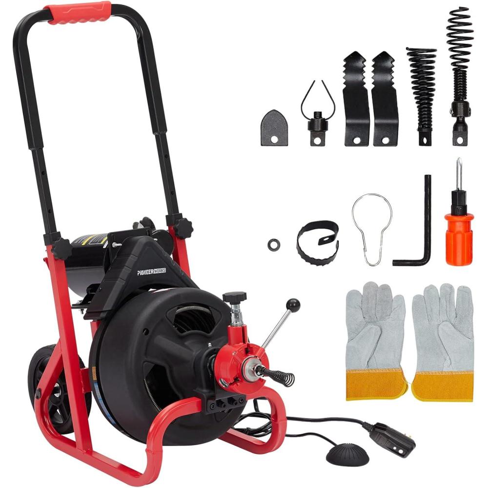 image:imageGARVEE Drain Cleaner Machine 100 ft x 38 in Professional Electric Drain Auger Fits 1 in to 4 in 25 cm to 10cm Pipes Portable Electric Drain Snake with 6 Cutters and Pair of GlovesLength 100 Ft  Diameter 38 Inch