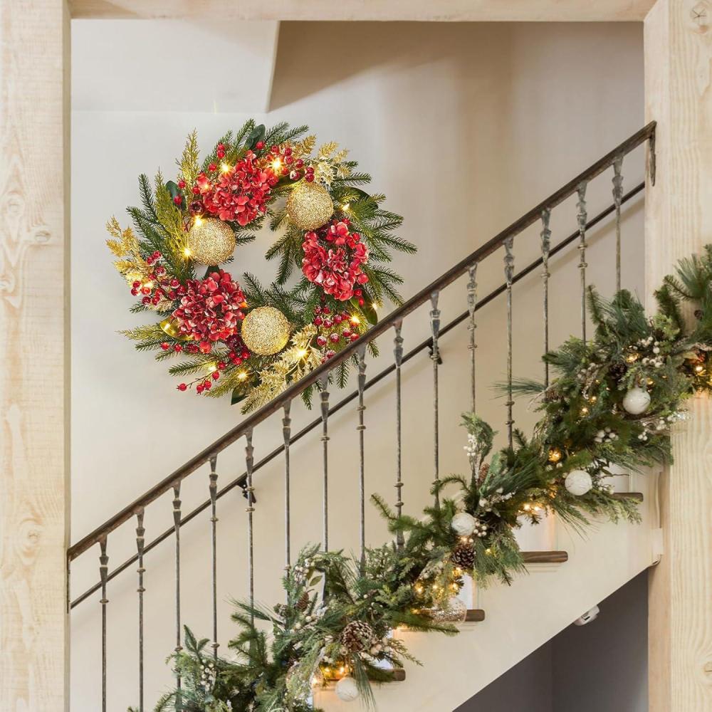 image:imageGarvee 24 Inch PreLit Christmas Wreath Artificial Xmas Wreath with Golden Ball Ornaments amp Artificial Flowers Leaves Christmas Wreath for Front Door Window and Mantel Decor GoldRed