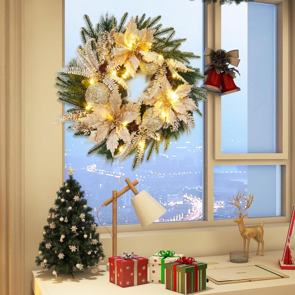 image:imageGarvee 24 Inch PreLit Christmas Wreath Artificial Xmas Wreath with Golden Ball Ornaments amp Artificial Flowers Leaves Christmas Wreath for Front Door Window and Mantel Decor GoldGold