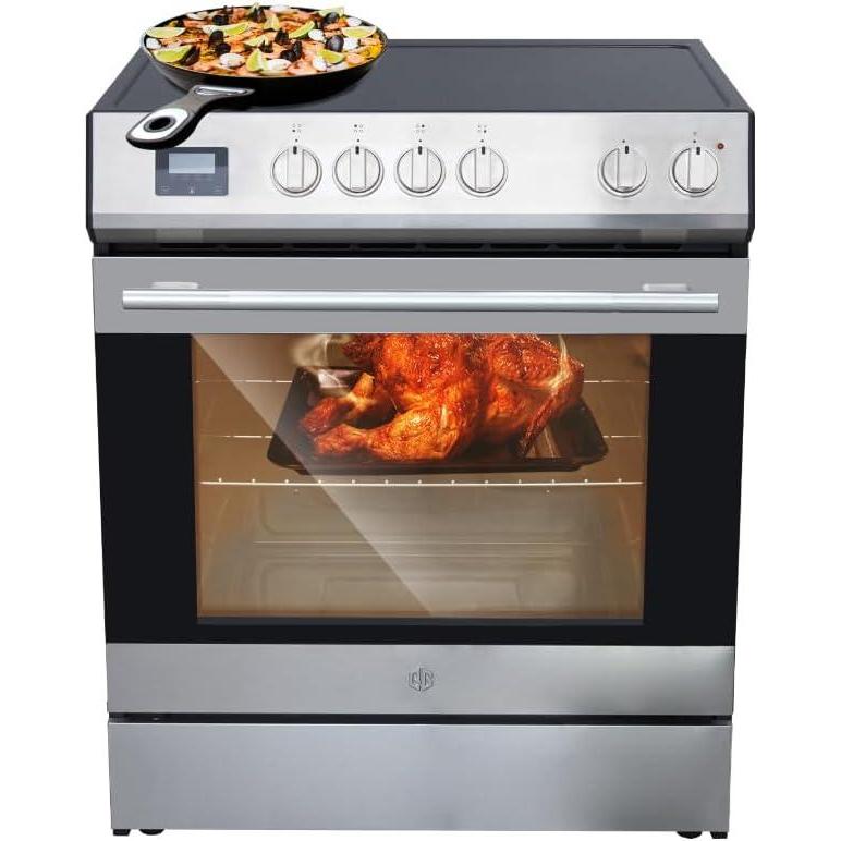 image:imageGarvee 30 in Electric Range 5 CuFt Capacity with 4 Burners Glass Cooktop Convection Oven 6 Cooking Functions Stainless Steel Freestanding Electric Range Oven with Front Control Silver30 inches