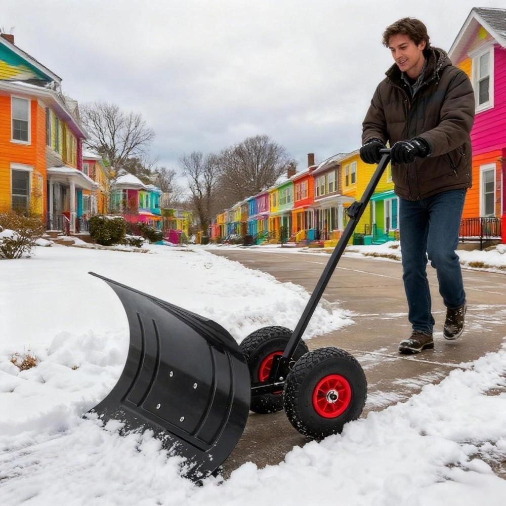 image:imageGarvee 30in W x 17in H Snow Shovel with Ergonomic Handle for Driveway Heavy Duty Push Snow Plow Shovel with Large Adjustable Handle Angled Blade and Wheels Snow Removal for Driveway Courtyard