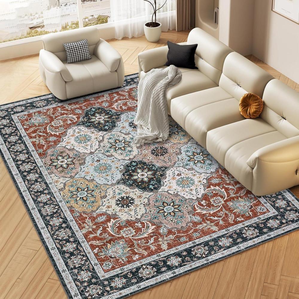 image:imageGarvee 5x7 Bedroom Rugs Non Slip Washable Rugs for Living Room Modern Striped Area Rug for Dining Room Stain Resistant Area Rug for Classroom Office Blue and OrangeRed Tone