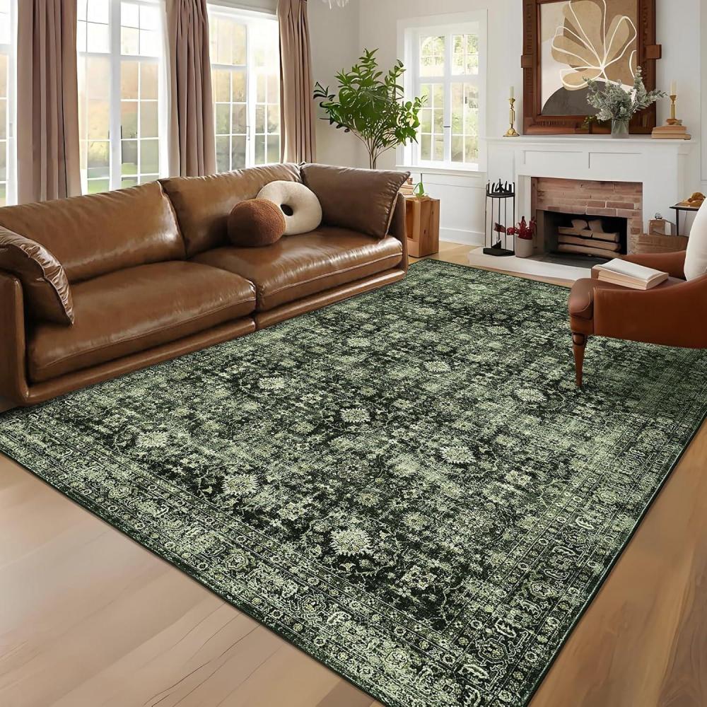 image:imageGarvee 5x7 Living Room Rugs Machine Washable Area Rugs Vintage Bordered Floor Cover Carpet with Non Slip Backing Non Shedding Low Pile Soft Mats for Bedroom Nursery Office GreenVintagegreen