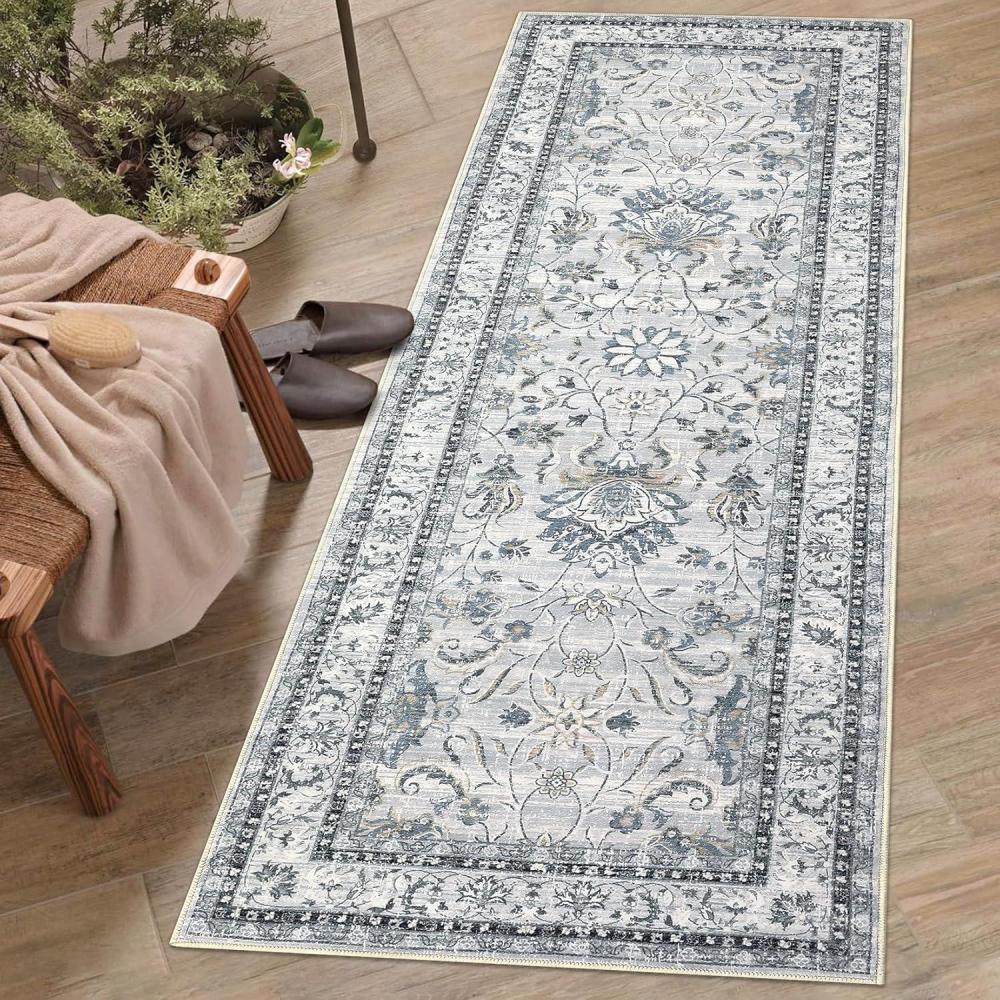 image:imageGarvee 5x7 Living Room Rugs Machine Washable Area Rugs Vintage Bordered Floor Cover Carpet with Non Slip Backing Non Shedding Low Pile Soft Mats for Bedroom Nursery Office GreenFloralgrey