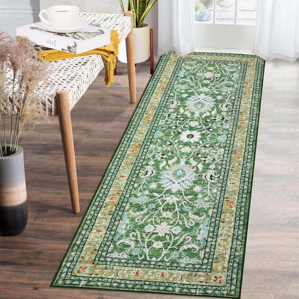 image:imageGarvee 5x7 Living Room Rugs Machine Washable Area Rugs Vintage Bordered Floor Cover Carpet with Non Slip Backing Non Shedding Low Pile Soft Mats for Bedroom Nursery Office GreenFloralgreen