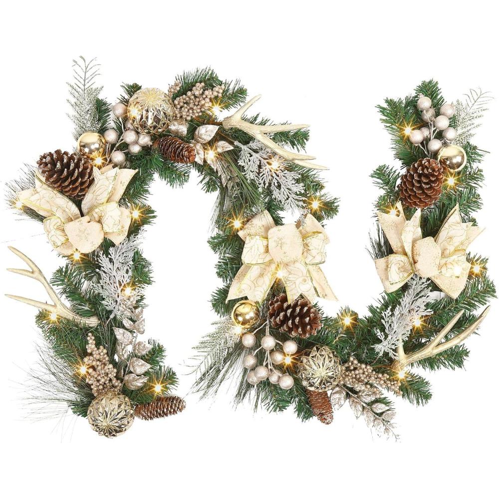 image:imageGarvee 6 Feet Christmas Garland with Lights for Mantle Battery Operated Outdoor Christmas Garlands with Antlers Gold Balls Prelit Garland Decorations for Fireplace Stair Railing TV StandGold