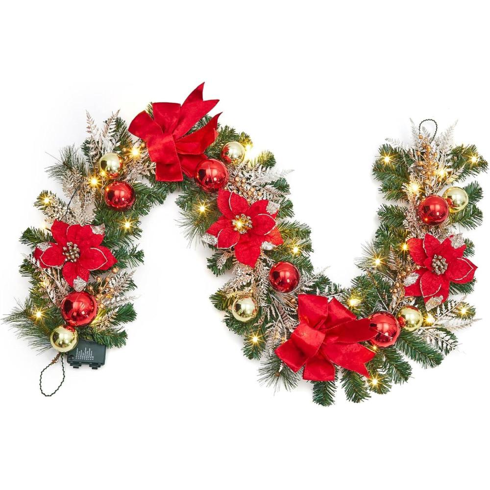 image:imageGarvee 6 Feet Christmas Garland with Lights for Mantle Battery Operated Outdoor Christmas Garlands with Antlers Gold Balls Prelit Garland Decorations for Fireplace Stair Railing TV StandRed
