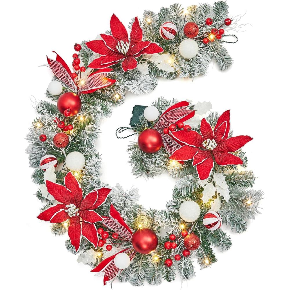 image:imageGarvee 6 Feet Christmas Garland with Lights for Mantle Battery Operated Outdoor Christmas Garlands with Antlers Gold Balls Prelit Garland Decorations for Fireplace Stair Railing TV StandRed White