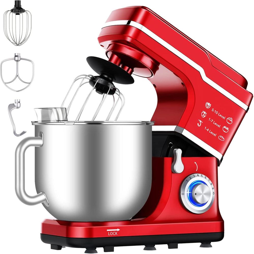 image:imageGarvee 75 QT Stand Food Mixer 10Speed Tilt Head 3 in1 Kitchen Electric Mixer with Stainless Steel Bowl Egg Whisk Dough Hook Beater Splash Guard Compact Dough Mixer for Home Cooks SilverRed
