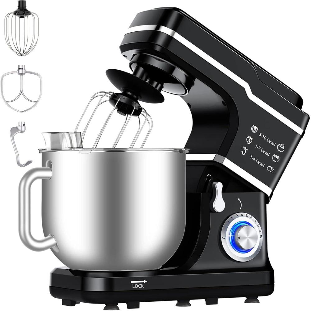 image:imageGarvee 75 QT Stand Food Mixer 10Speed Tilt Head 3 in1 Kitchen Electric Mixer with Stainless Steel Bowl Egg Whisk Dough Hook Beater Splash Guard Compact Dough Mixer for Home Cooks SilverBLACK