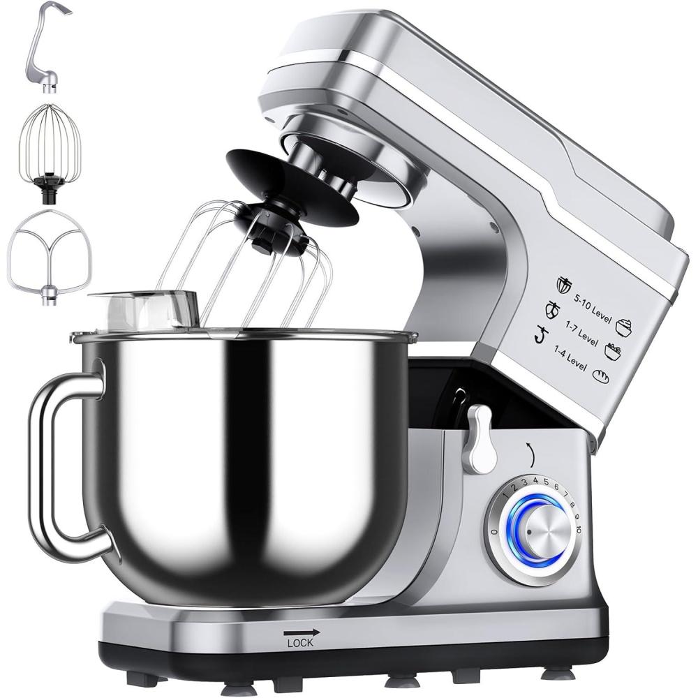 image:imageGarvee 75 QT Stand Food Mixer 10Speed Tilt Head 3 in1 Kitchen Electric Mixer with Stainless Steel Bowl Egg Whisk Dough Hook Beater Splash Guard Compact Dough Mixer for Home Cooks SilverSILVER