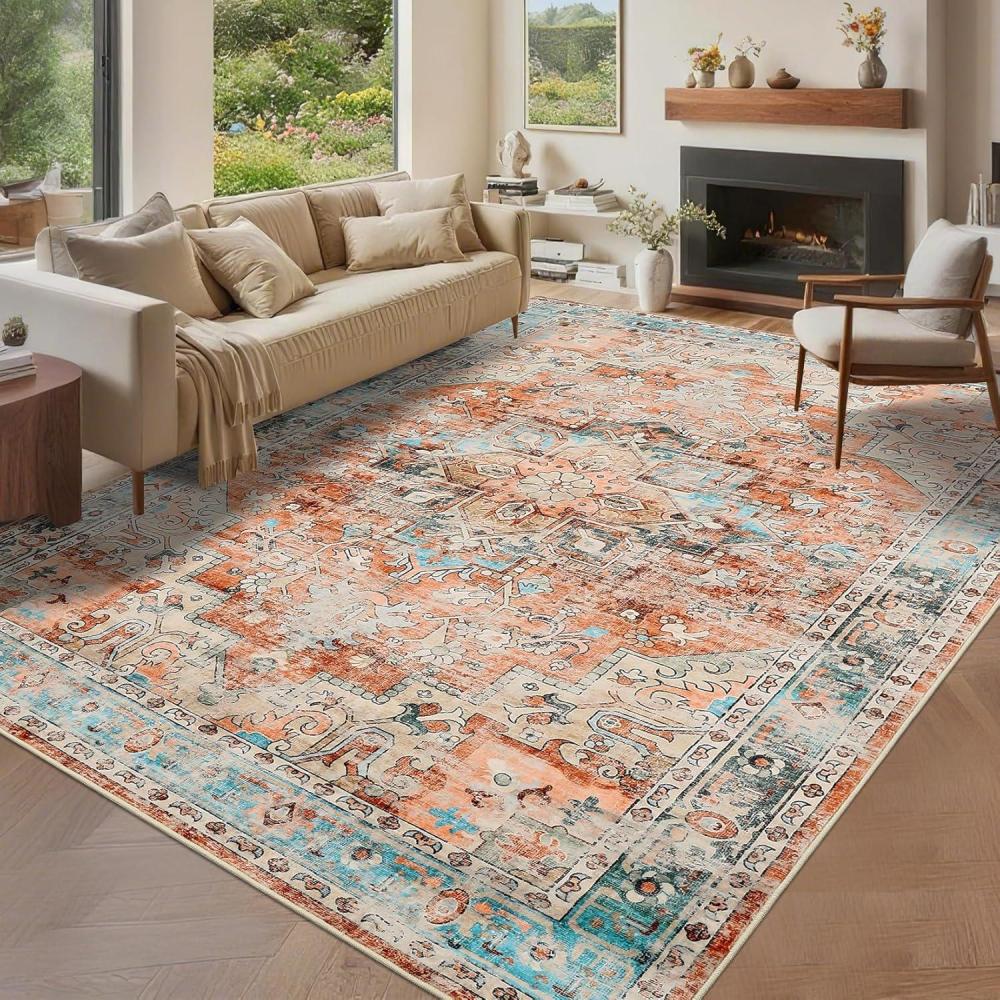 image:imageGarvee 8x10 Rug Washable Vintage Boho Large Rugs for Living Room Non Slip Kids Playroom Floor Mat Non Shedding Soft Bedroom Rug Low Pile Soft Thin Foldable Indoor Rugs for Classroom Dining BeigeBrick Red