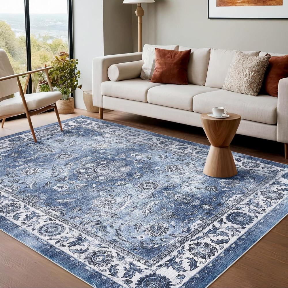 image:imageGarvee 8x10 ft Distressed Vintage Floral Print Area RugNonSlip Indoor Washable Rug Stain Resistant Retro Accent Low Pile Carpet for Living RoomBedroomKitchenDining RoomKids RoomNurseryBlueBlue