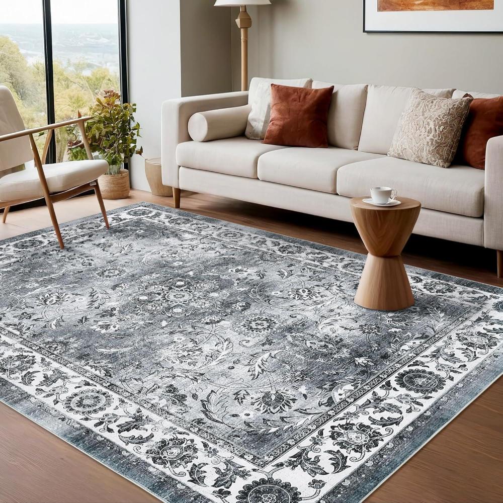 image:imageGarvee 8x10 ft Distressed Vintage Floral Print Area RugNonSlip Indoor Washable Rug Stain Resistant Retro Accent Low Pile Carpet for Living RoomBedroomKitchenDining RoomKids RoomNurseryBlueGrey