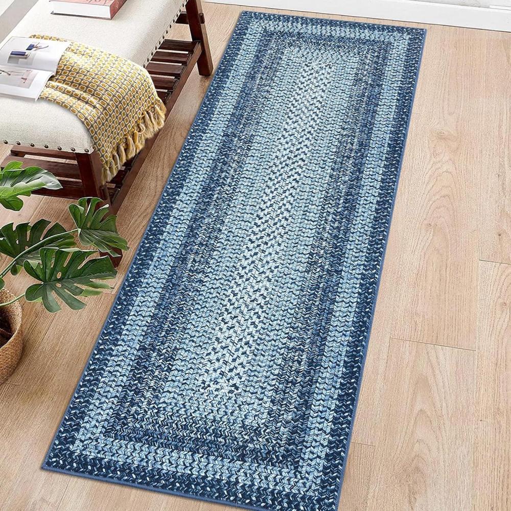 image:imageGarvee 9x12 Living Room Rug Braided Print Large Washable Braided Rug Non Slip Accent Braided Print Indoor Rustic Area Rug Border Carpet for Bedroom Home Decor GreyBlue
