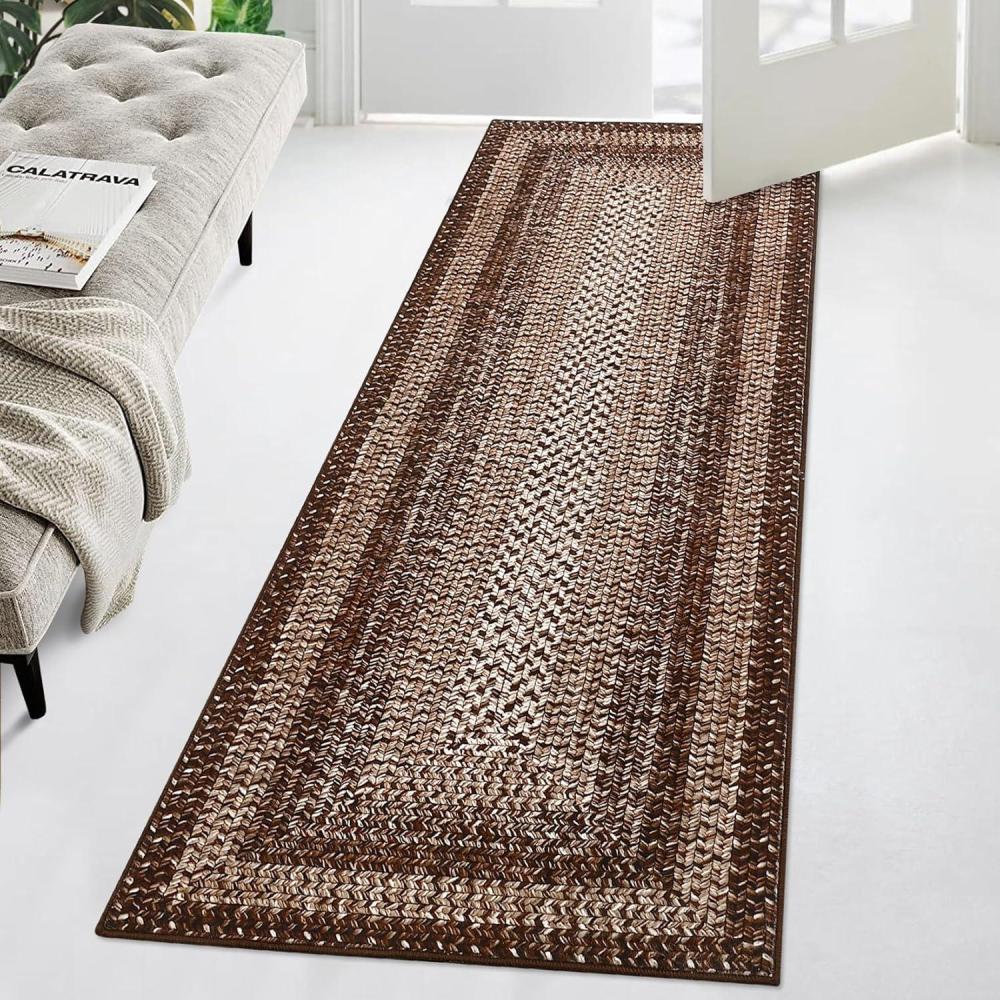 image:imageGarvee 9x12 Living Room Rug Braided Print Large Washable Braided Rug Non Slip Accent Braided Print Indoor Rustic Area Rug Border Carpet for Bedroom Home Decor GreyBrown
