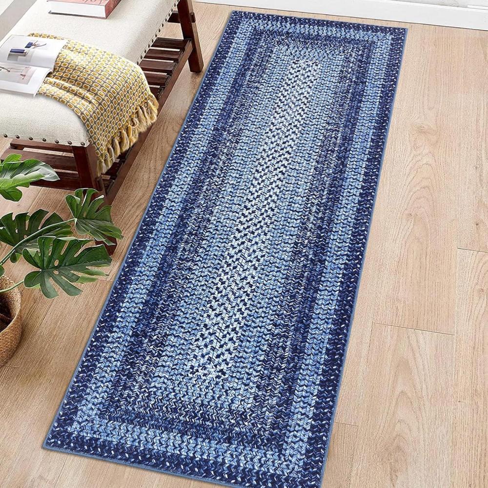 image:imageGarvee 9x12 Living Room Rug Braided Print Large Washable Braided Rug Non Slip Accent Braided Print Indoor Rustic Area Rug Border Carpet for Bedroom Home Decor GreyNavy