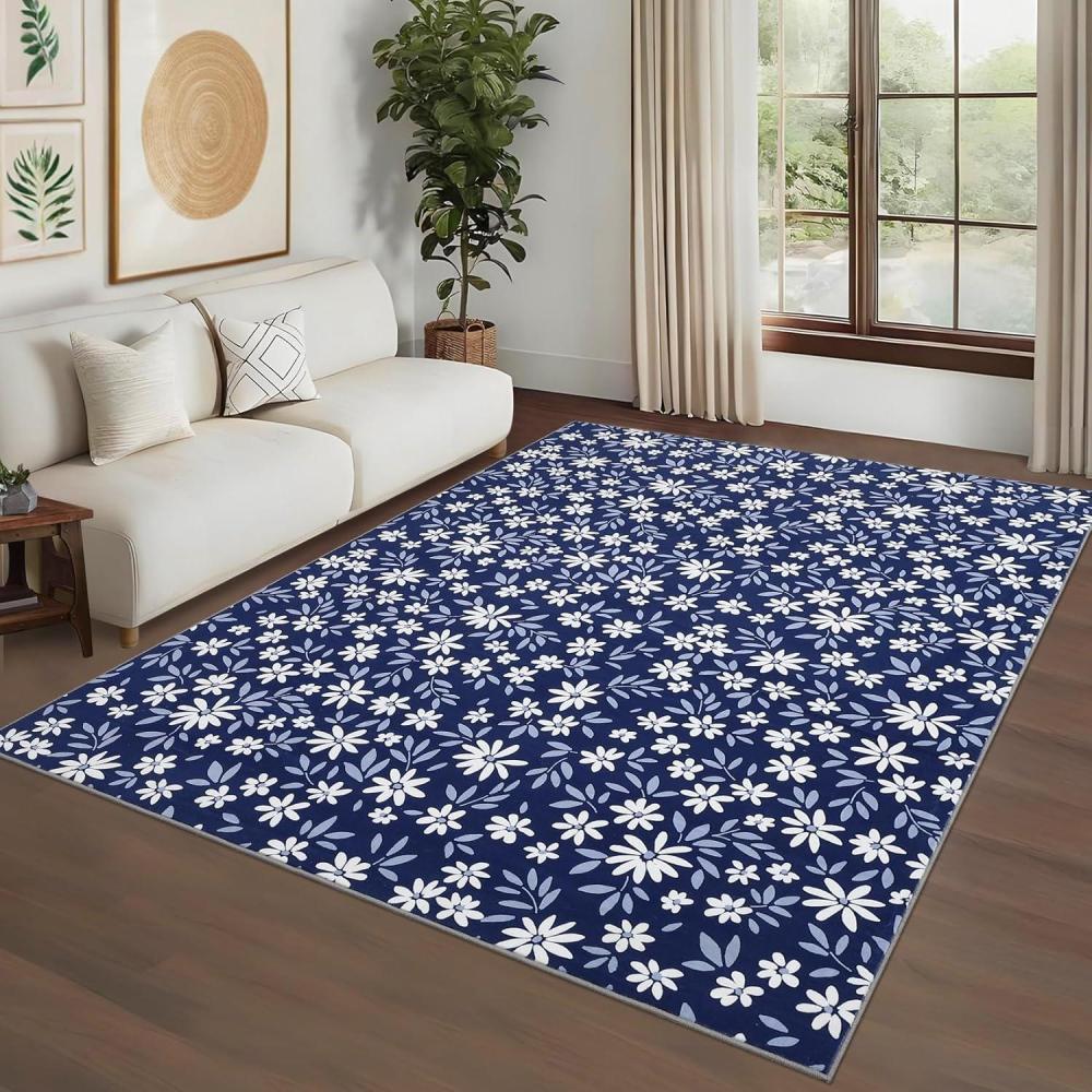 image:imageGarvee 9x12 Washable Rugs Low Pile Living Room Rug Boho Accent Rug Soft Bedroom Floor Carpet Modern Woven Print Rugs Not Braid Non Shedding Thin Foldable Floor Mats for Nursery Classroom GreenFloral  Navy