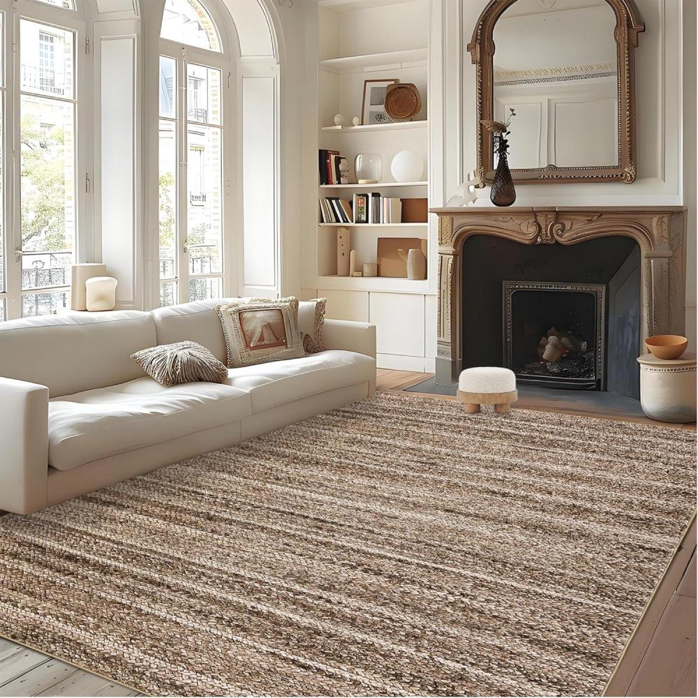 image:imageGarvee 9x12 Washable Rugs Low Pile Living Room Rug Boho Accent Rug Soft Bedroom Floor Carpet Modern Woven Print Rugs Not Braid Non Shedding Thin Foldable Floor Mats for Nursery Classroom GreenKnit  Camel