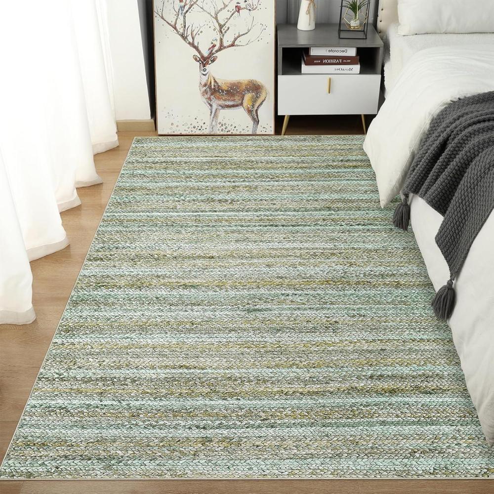image:imageGarvee 9x12 Washable Rugs Low Pile Living Room Rug Boho Accent Rug Soft Bedroom Floor Carpet Modern Woven Print Rugs Not Braid Non Shedding Thin Foldable Floor Mats for Nursery Classroom GreenBraided  Green