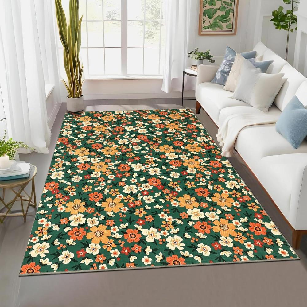 image:imageGarvee 9x12 Washable Rugs Low Pile Living Room Rug Boho Accent Rug Soft Bedroom Floor Carpet Modern Woven Print Rugs Not Braid Non Shedding Thin Foldable Floor Mats for Nursery Classroom GreenFloral  Green