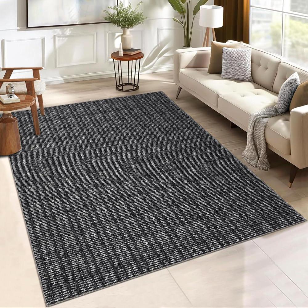 image:imageGarvee 9x12 Washable Rugs Low Pile Living Room Rug Boho Accent Rug Soft Bedroom Floor Carpet Modern Woven Print Rugs Not Braid Non Shedding Thin Foldable Floor Mats for Nursery Classroom GreenKnit Print  Black