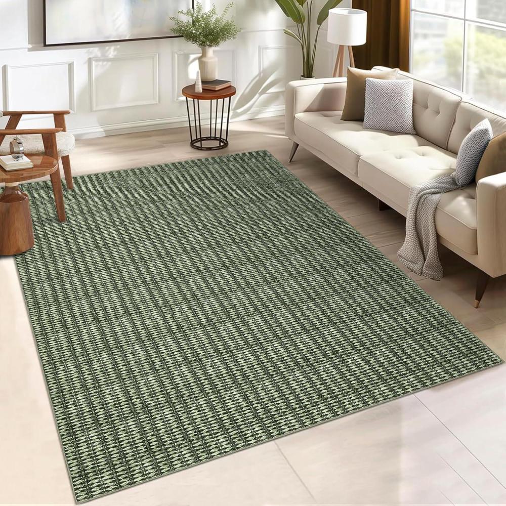 image:imageGarvee 9x12 Washable Rugs Low Pile Living Room Rug Boho Accent Rug Soft Bedroom Floor Carpet Modern Woven Print Rugs Not Braid Non Shedding Thin Foldable Floor Mats for Nursery Classroom GreenKnit Print  Green