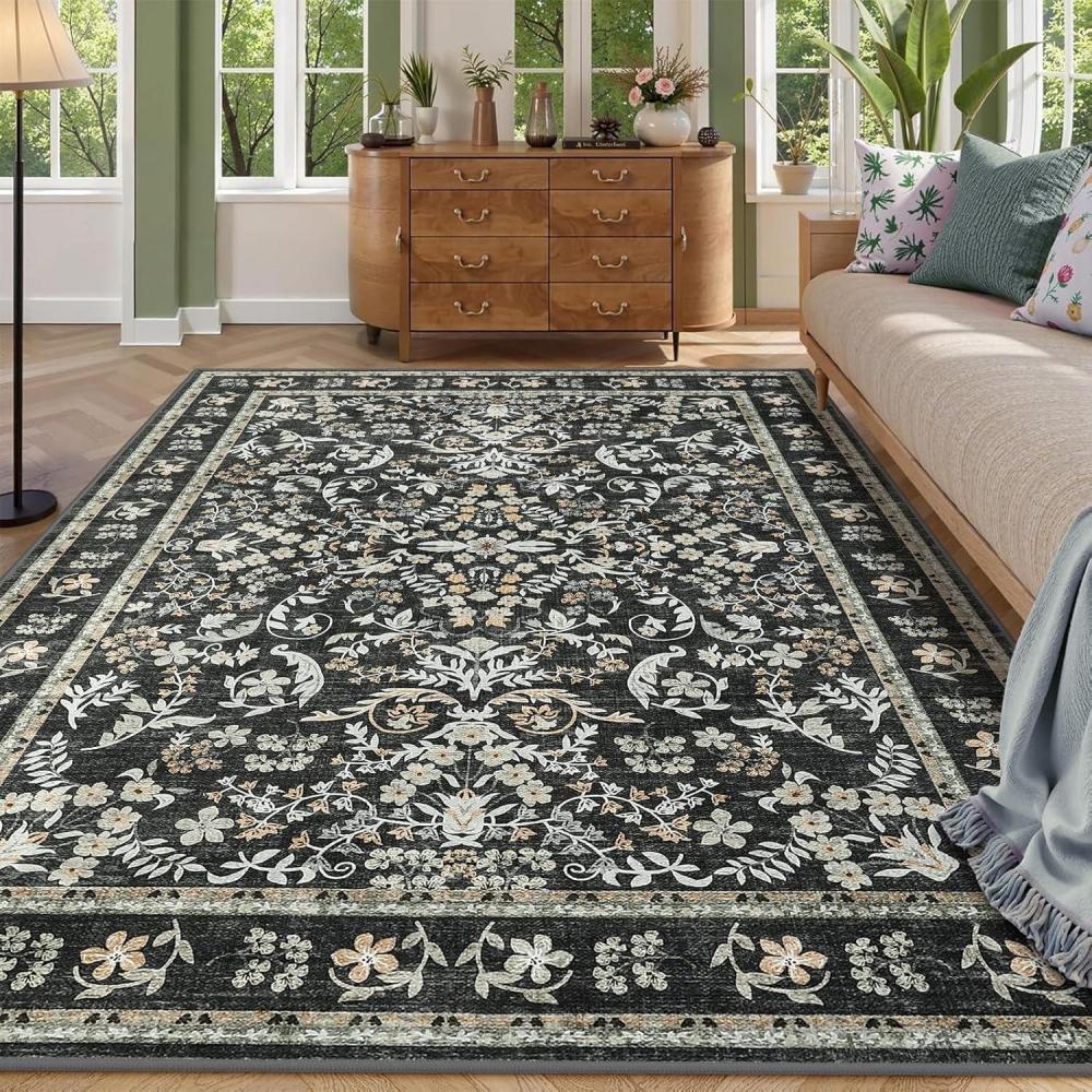 image:imageGarvee Area Rug 8x10 for Living Room Washable Non Slip Low Pile Rugs Floral Soft Carpet for Living Room Bedroom Dining Room PinkBlack