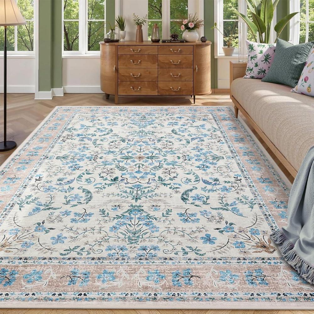 image:imageGarvee Area Rug 8x10 for Living Room Washable Non Slip Low Pile Rugs Floral Soft Carpet for Living Room Bedroom Dining Room PinkBlue