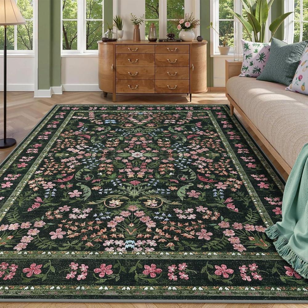 image:imageGarvee Area Rug 8x10 for Living Room Washable Non Slip Low Pile Rugs Floral Soft Carpet for Living Room Bedroom Dining Room PinkGreen