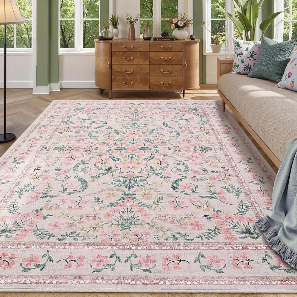 image:imageGarvee Area Rug 8x10 for Living Room Washable Non Slip Low Pile Rugs Floral Soft Carpet for Living Room Bedroom Dining Room PinkPink