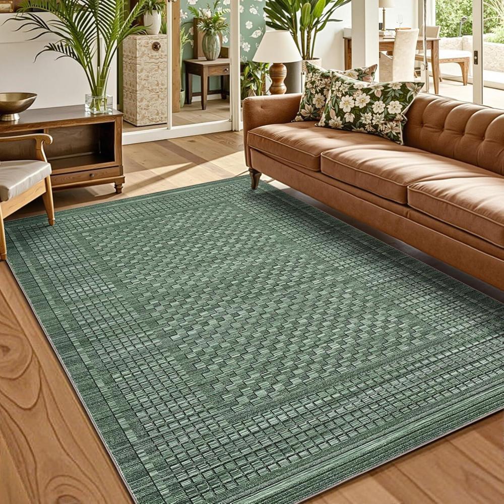 image:imageGarvee Extra Large 9x12 Washable Rug with Non Slip Backing Modern Floral Print Rug Non Shedding Stain Resistant Carpet Contemporary Farmhouse Rugs Low Pile Foldable Thin Mat for Living Room BeigePlaidgreen