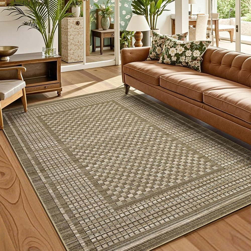 image:imageGarvee Extra Large 9x12 Washable Rug with Non Slip Backing Modern Floral Print Rug Non Shedding Stain Resistant Carpet Contemporary Farmhouse Rugs Low Pile Foldable Thin Mat for Living Room BeigePlaidbrown