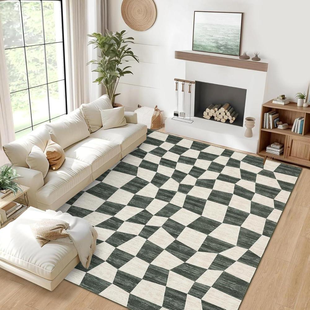image:imageGarvee Extra Large 9x12 Washable Rug with Non Slip Backing Modern Floral Print Rug Non Shedding Stain Resistant Carpet Contemporary Farmhouse Rugs Low Pile Foldable Thin Mat for Living Room BeigeCheckeredgreen
