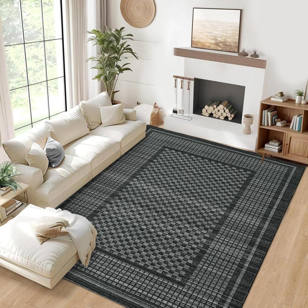 image:imageGarvee Extra Large 9x12 Washable Rug with Non Slip Backing Modern Floral Print Rug Non Shedding Stain Resistant Carpet Contemporary Farmhouse Rugs Low Pile Foldable Thin Mat for Living Room BeigePlaidblack