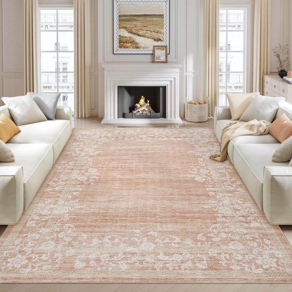 image:imageGarvee Extra Large 9x12 Washable Rug with Non Slip Backing Modern Floral Print Rug Non Shedding Stain Resistant Carpet Contemporary Farmhouse Rugs Low Pile Foldable Thin Mat for Living Room BeigeFloralpink