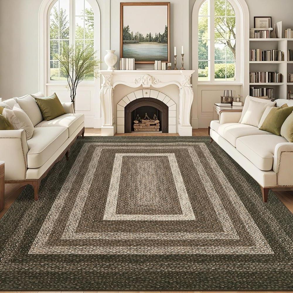 image:imageGarvee Extra Large Carpet Rug 10x13 Washable Rug with Braided Print for Living Room Bedroom Foldable NonSlip LowPile Stain Resistant Carpet for Playroom Dinning Room Apartment BrownBorderbrown