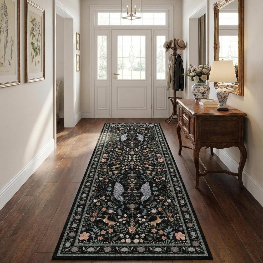 image:imageGarvee Floral 5x7 Area Rugs Washable Living Room Rug Soft Indoor Floral Animals Entryway Rug Non Slip Low Pile Accent Rugs for Bedroom NonShedding Stain Resistant Carpet for Kids Room Nursery BlueBlack