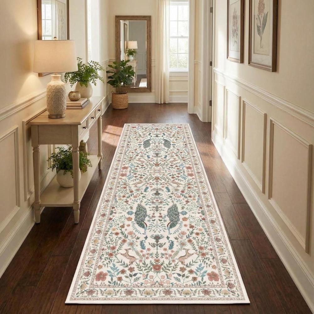 image:imageGarvee Floral 5x7 Area Rugs Washable Living Room Rug Soft Indoor Floral Animals Entryway Rug Non Slip Low Pile Accent Rugs for Bedroom NonShedding Stain Resistant Carpet for Kids Room Nursery BlueBeige