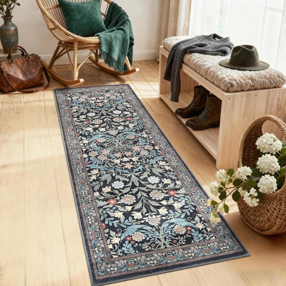 image:imageGarvee Floral 9x12 Area RugPlush Vintage Boho Large Living Room Carpet  Washable NonSlip Stain Resistant Easy Clean Soft Rug for Bedroom Dining Room Farmhouse Home Office BlueBlack