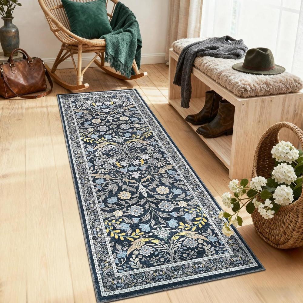 image:imageGarvee Floral 9x12 Area RugPlush Vintage Boho Large Living Room Carpet  Washable NonSlip Stain Resistant Easy Clean Soft Rug for Bedroom Dining Room Farmhouse Home Office BlueBlue