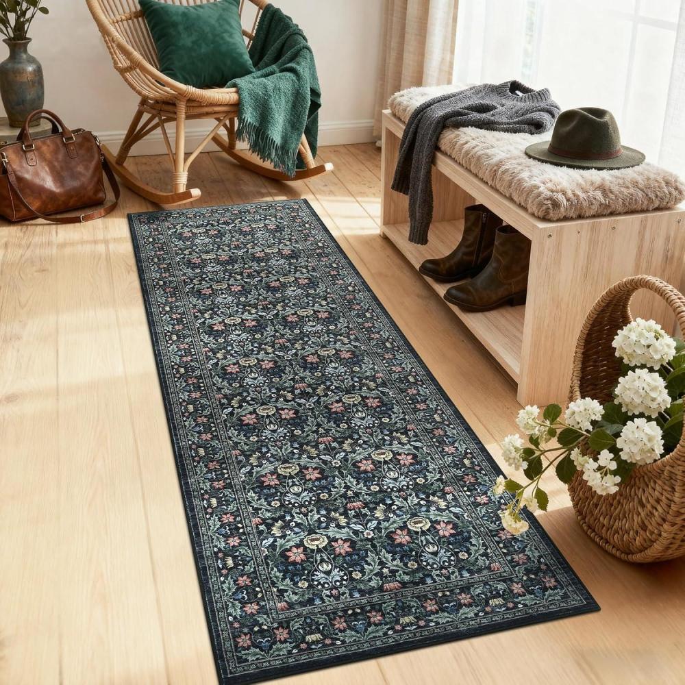 image:imageGarvee Floral 9x12 Area RugPlush Vintage Boho Large Living Room Carpet  Washable NonSlip Stain Resistant Easy Clean Soft Rug for Bedroom Dining Room Farmhouse Home Office BlueDark Black