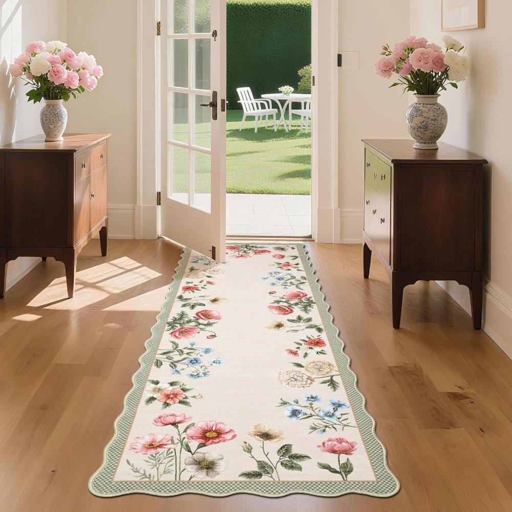 image:imageGarvee Floral Botanical 2x6 Runners for Hallways Washable Non Slip Scalloped Kitchen Rugs Low Pile Ultra Thin Stain Resistant Farmhouse Carpet for Bedside Entryway Laundry Bathroom TaupeFloralLight Taupe