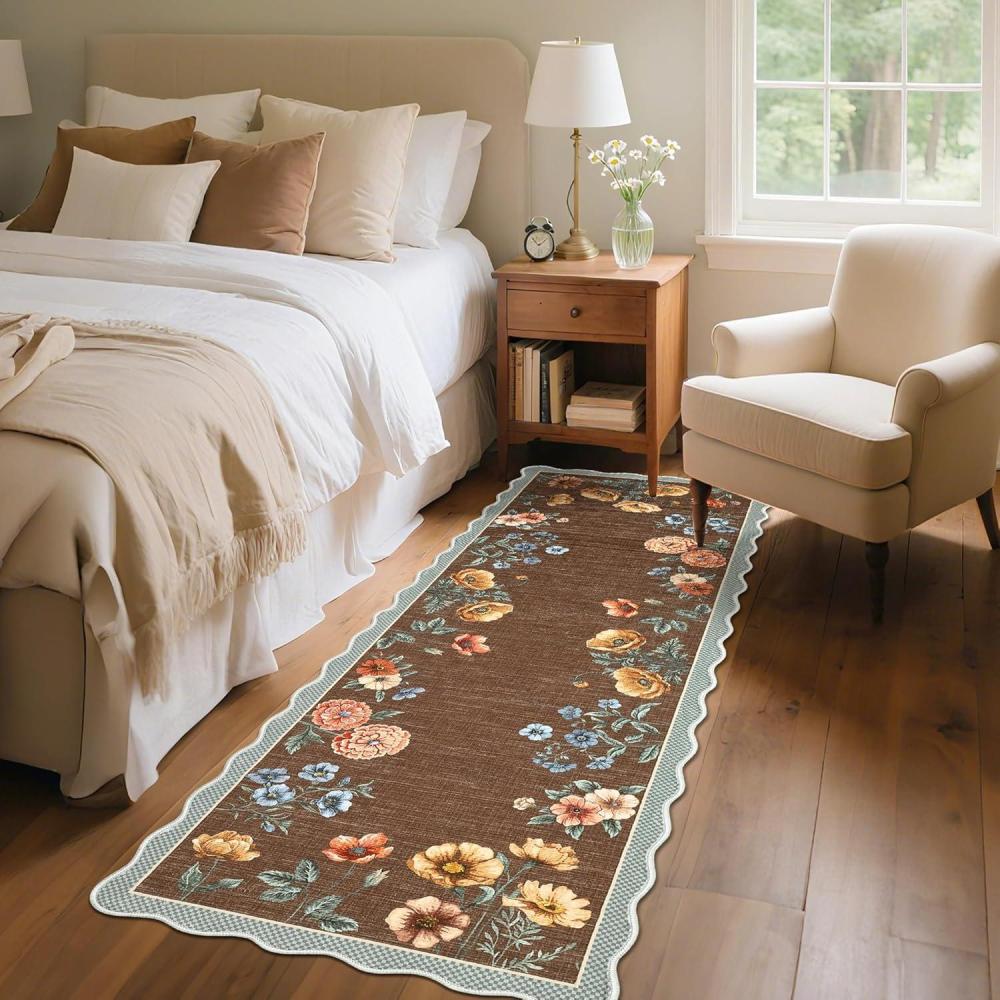 image:imageGarvee Floral Botanical 2x6 Runners for Hallways Washable Non Slip Scalloped Kitchen Rugs Low Pile Ultra Thin Stain Resistant Farmhouse Carpet for Bedside Entryway Laundry Bathroom TaupeFloralBrown